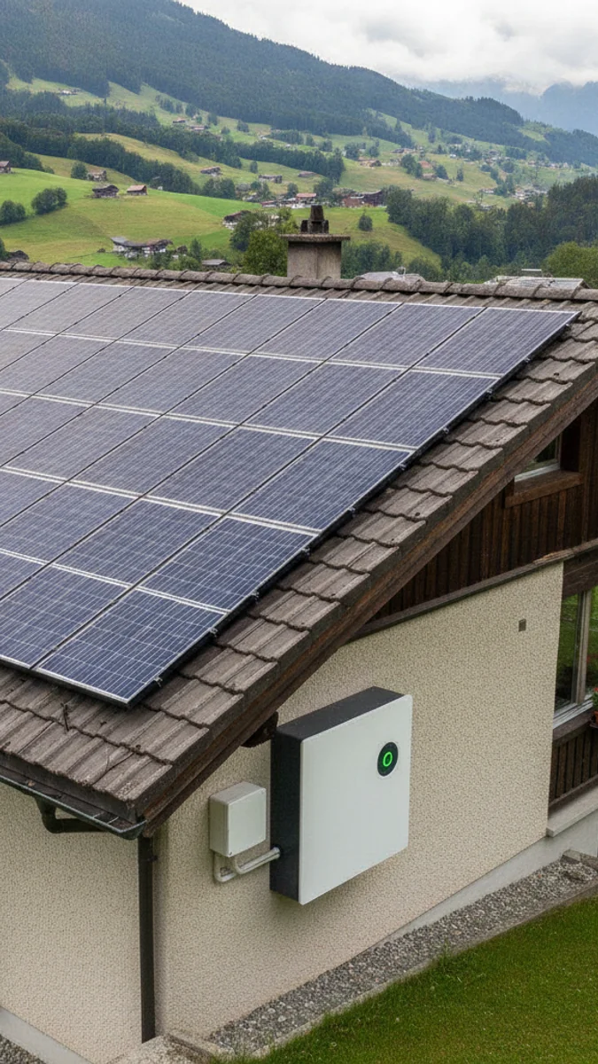 Solaranlage auf Schweizer Dach mit Alpenblick