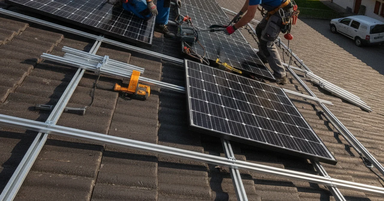 Solaranlage mit Speicher Installationsteam bei der Arbeit